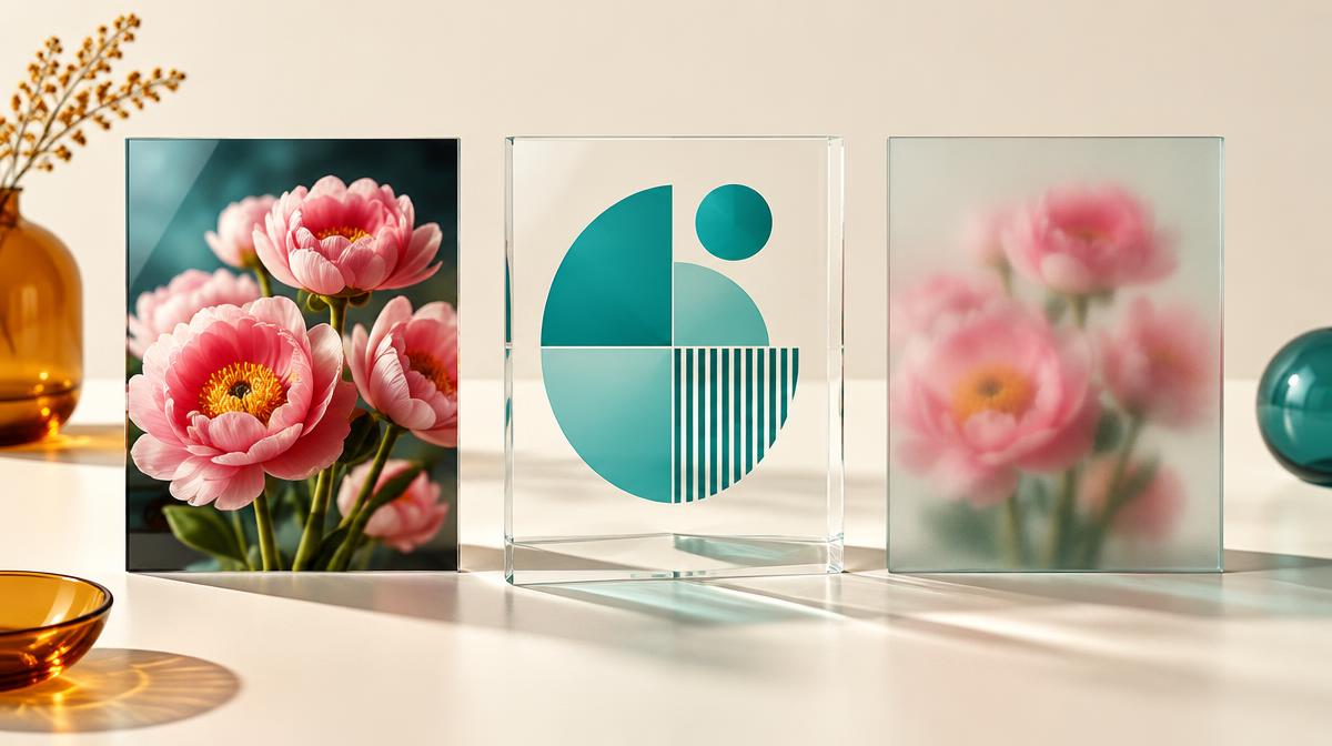 Photo, transparent graphic panel and frosted photo panel on a studio desk