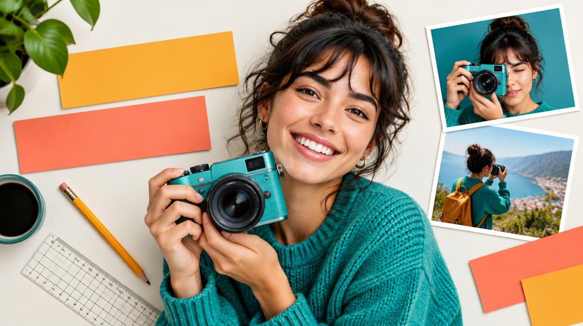 Camera portrait with amber and coral headline layout cards